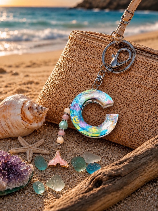 Artisan Jewelry - Letter C Mermaid Keychain with Tail Charm Ocean Inspired Artisan